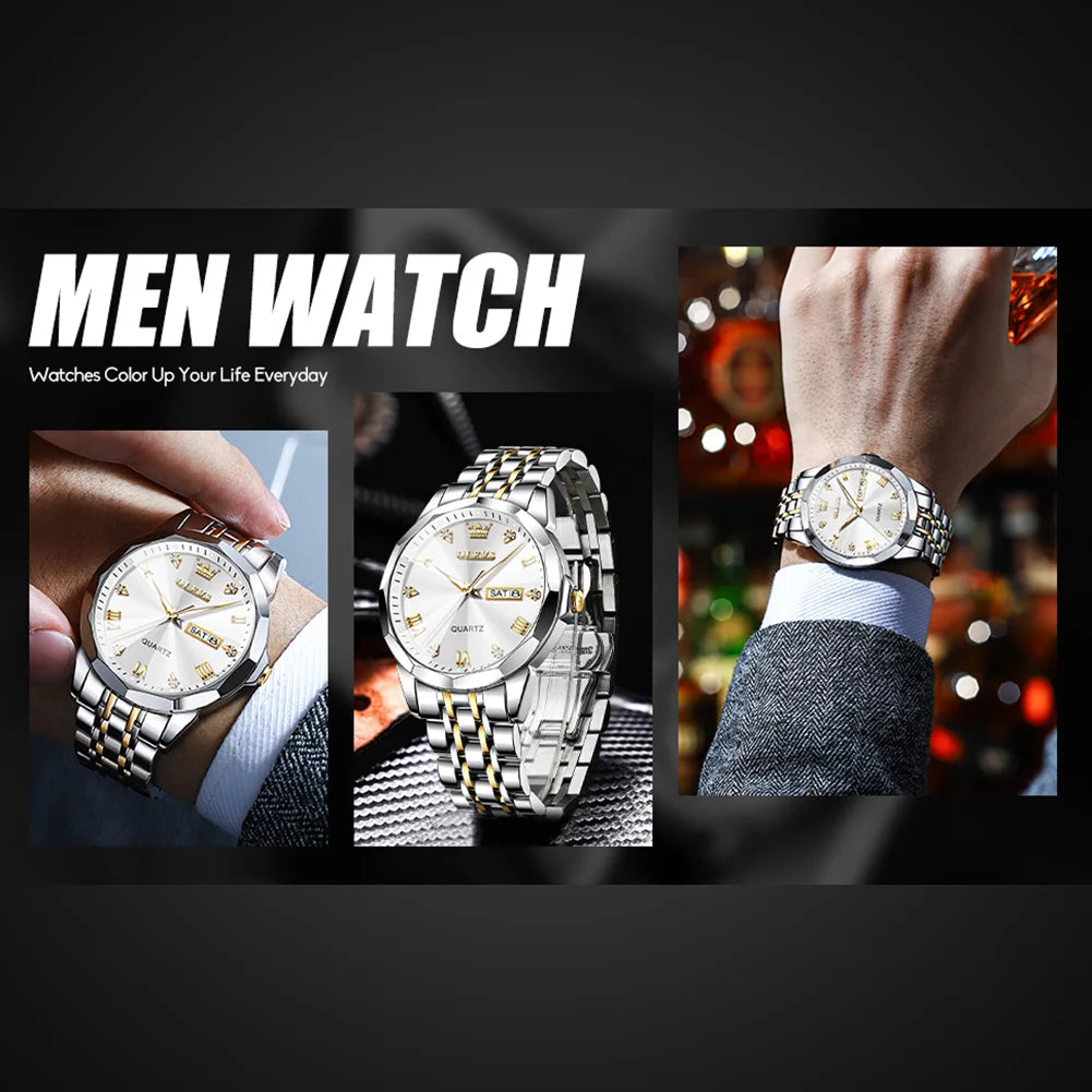 Mens Sliver Watch Grey Dial Watch for Men Luxury Day Date Watches Stainless Steel Band Watch Water Resistant Luminous Wrist Watches Quartz Roman Numerals Men Watch