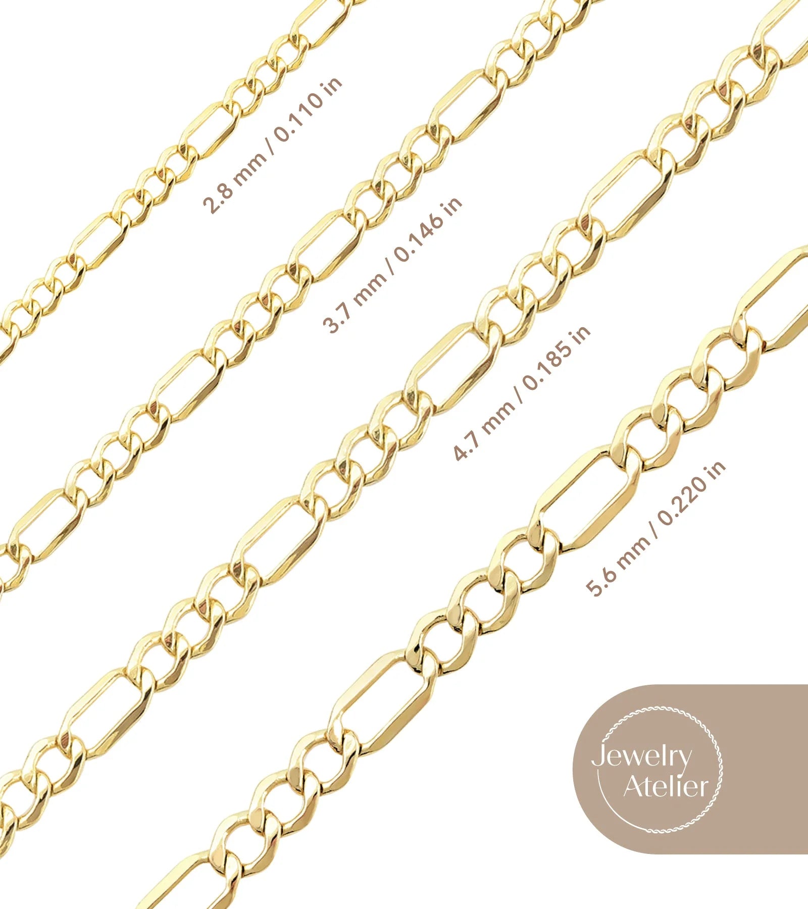 Gold Chain Necklace Collection - 14K Solid Yellow Gold Filled Figaro Chain Necklaces for Women and Men with Different Sizes (2.8Mm, 3.7Mm, 4.7Mm, 5.6Mm)