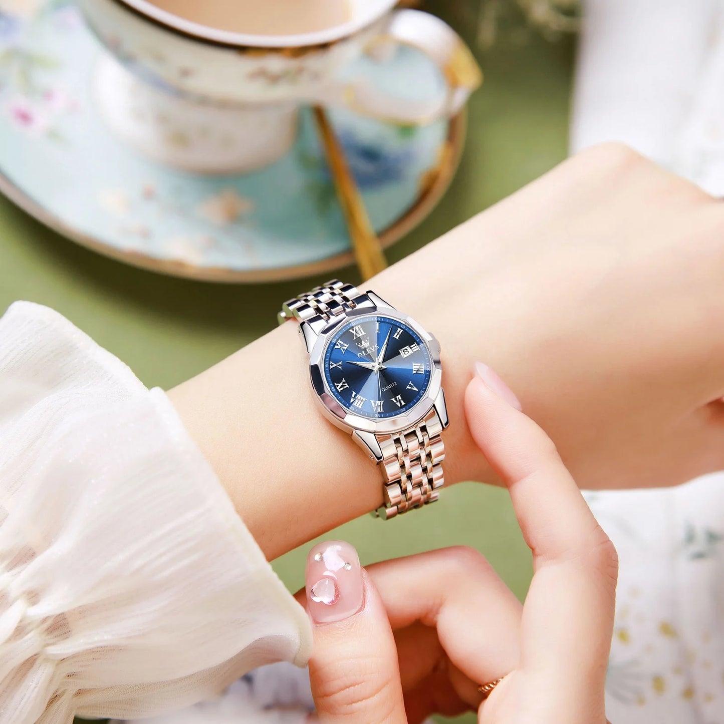 Fashion Blue Face Watches for Women Elegant Sliver Stainless Steel Strap Womens Watches Day Date Watches for Ladies Waterproof Ladies Watches Analog Quartz Watches Womens Roman Numerals Watches