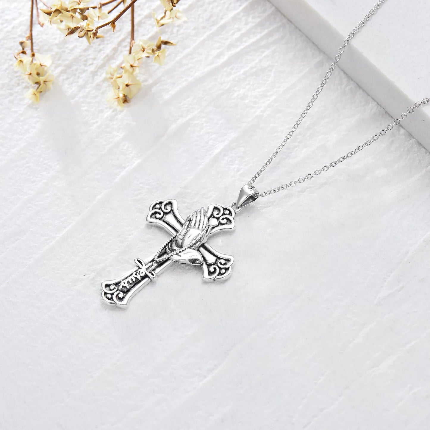 Sterling Silver Cross Necklace with Praying Hands for Christian Gifts Christmas Gifts Mothers Day