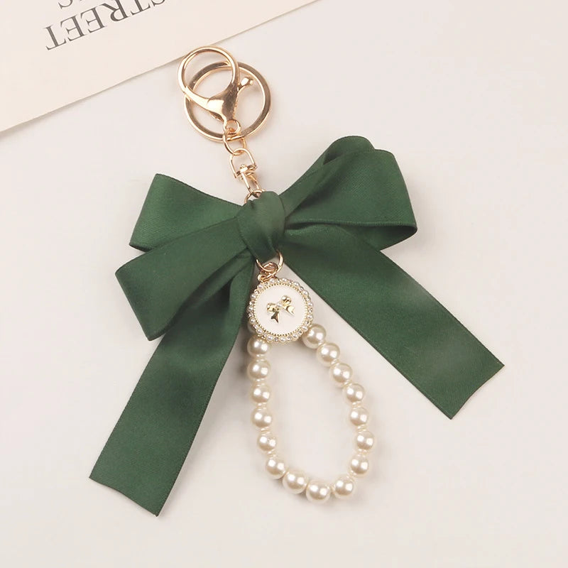 Imitation Pearl Keychain Sweet Fashion Ribbon Bowknot Keyring Accessories Metal Buckle Women Bag Charms Best Gifts Jewelry