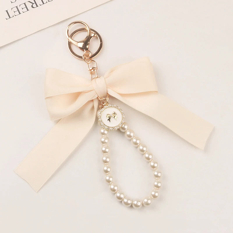 Imitation Pearl Keychain Sweet Fashion Ribbon Bowknot Keyring Accessories Metal Buckle Women Bag Charms Best Gifts Jewelry