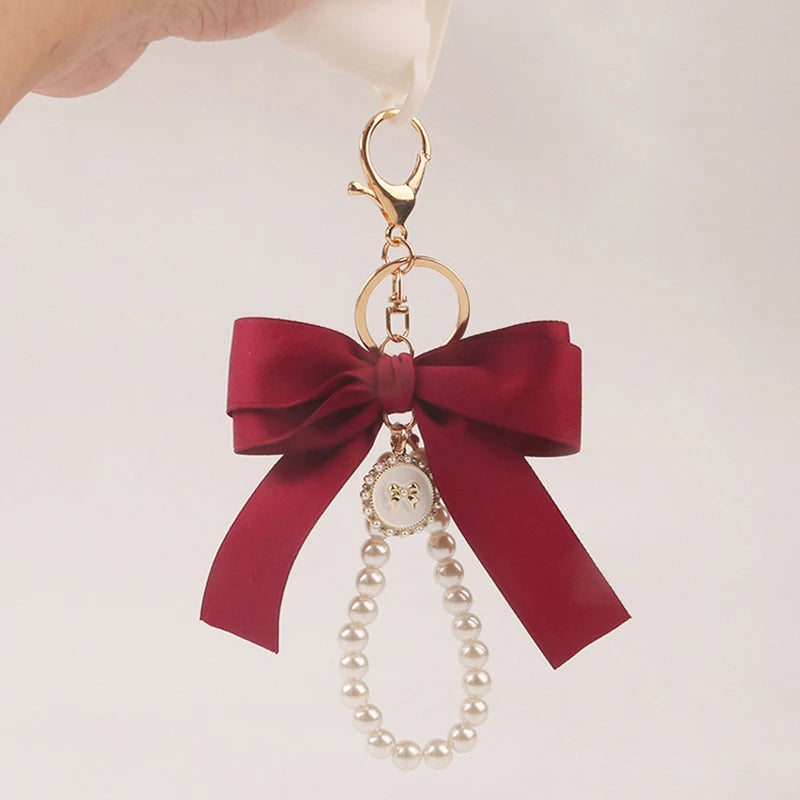 Imitation Pearl Keychain Sweet Fashion Ribbon Bowknot Keyring Accessories Metal Buckle Women Bag Charms Best Gifts Jewelry