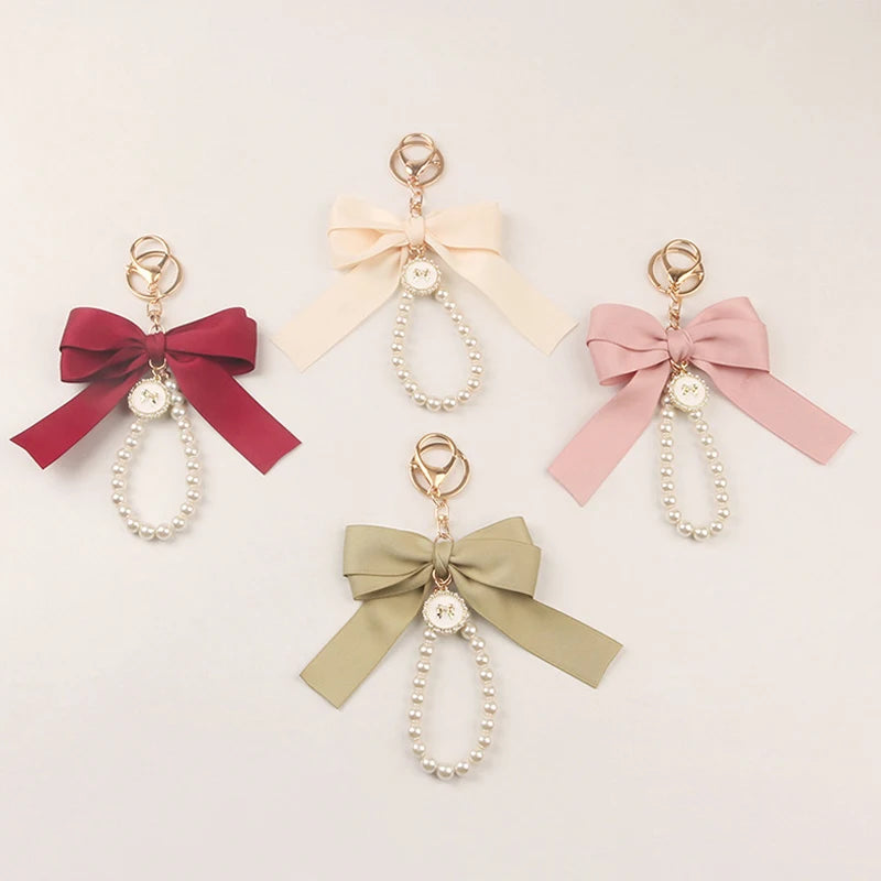 Imitation Pearl Keychain Sweet Fashion Ribbon Bowknot Keyring Accessories Metal Buckle Women Bag Charms Best Gifts Jewelry