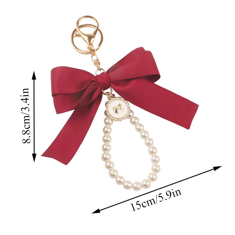 Imitation Pearl Keychain Sweet Fashion Ribbon Bowknot Keyring Accessories Metal Buckle Women Bag Charms Best Gifts Jewelry