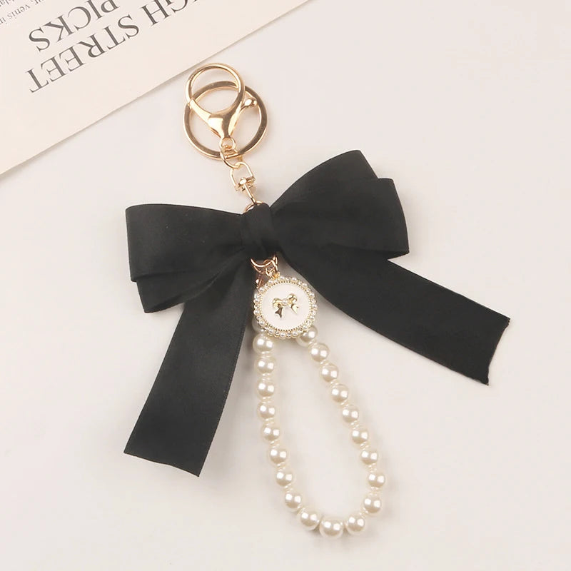 Imitation Pearl Keychain Sweet Fashion Ribbon Bowknot Keyring Accessories Metal Buckle Women Bag Charms Best Gifts Jewelry