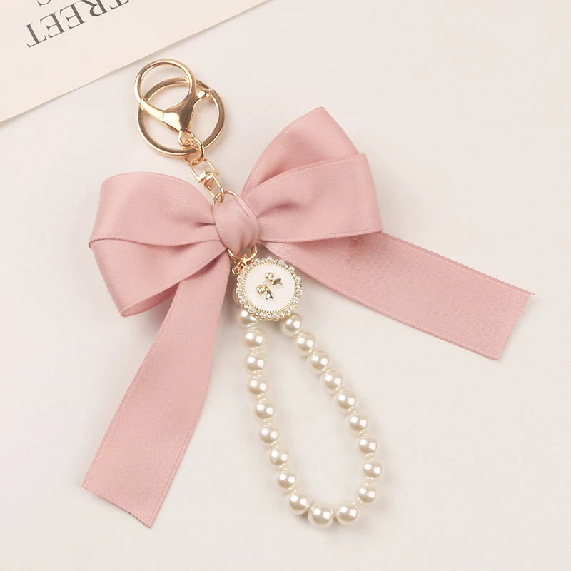 Imitation Pearl Keychain Sweet Fashion Ribbon Bowknot Keyring Accessories Metal Buckle Women Bag Charms Best Gifts Jewelry