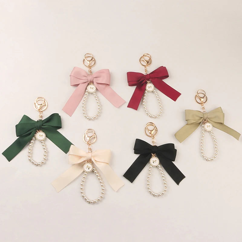 Imitation Pearl Keychain Sweet Fashion Ribbon Bowknot Keyring Accessories Metal Buckle Women Bag Charms Best Gifts Jewelry