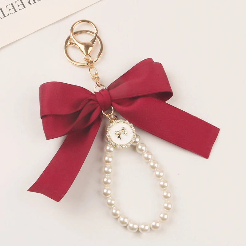 Imitation Pearl Keychain Sweet Fashion Ribbon Bowknot Keyring Accessories Metal Buckle Women Bag Charms Best Gifts Jewelry