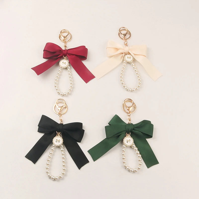 Imitation Pearl Keychain Sweet Fashion Ribbon Bowknot Keyring Accessories Metal Buckle Women Bag Charms Best Gifts Jewelry