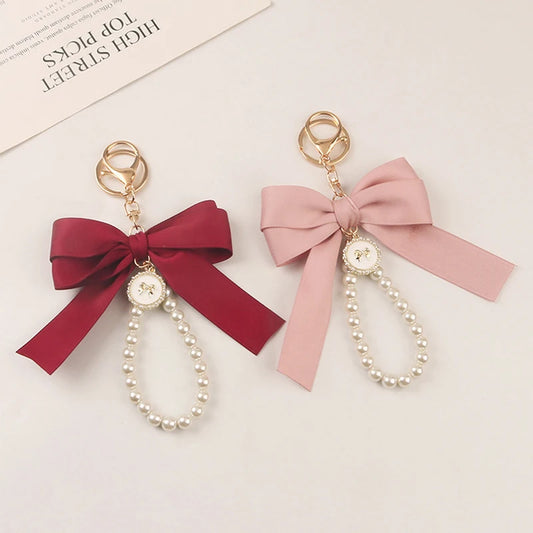 Imitation Pearl Keychain Sweet Fashion Ribbon Bowknot Keyring Accessories Metal Buckle Women Bag Charms Best Gifts Jewelry