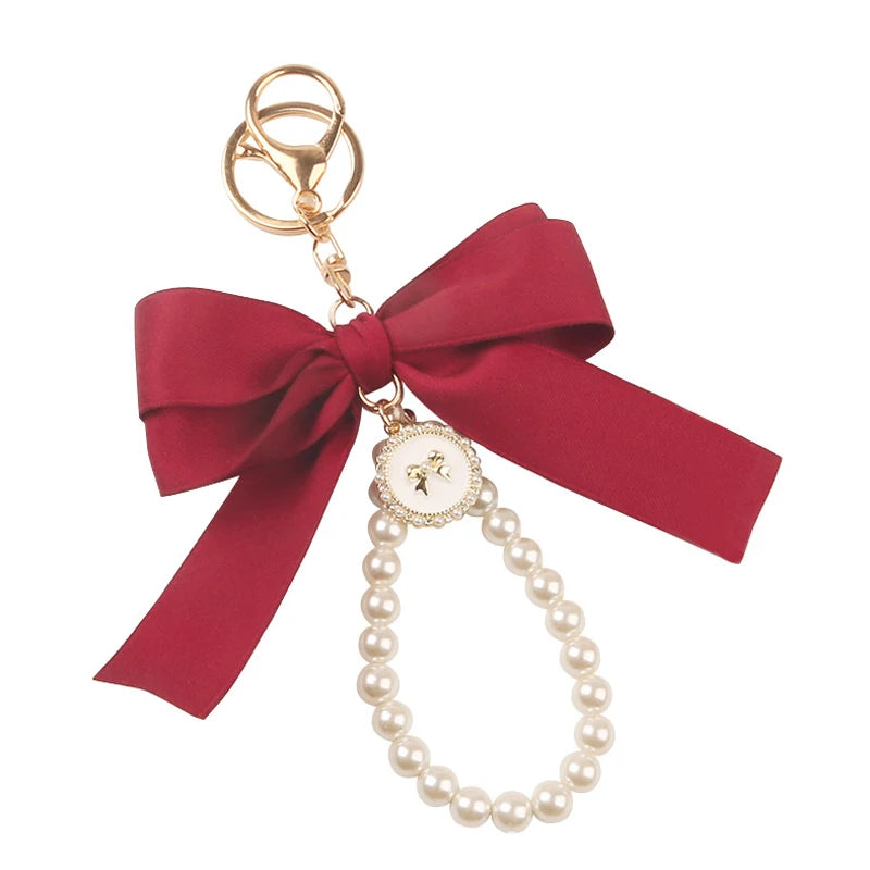 Imitation Pearl Keychain Sweet Fashion Ribbon Bowknot Keyring Accessories Metal Buckle Women Bag Charms Best Gifts Jewelry