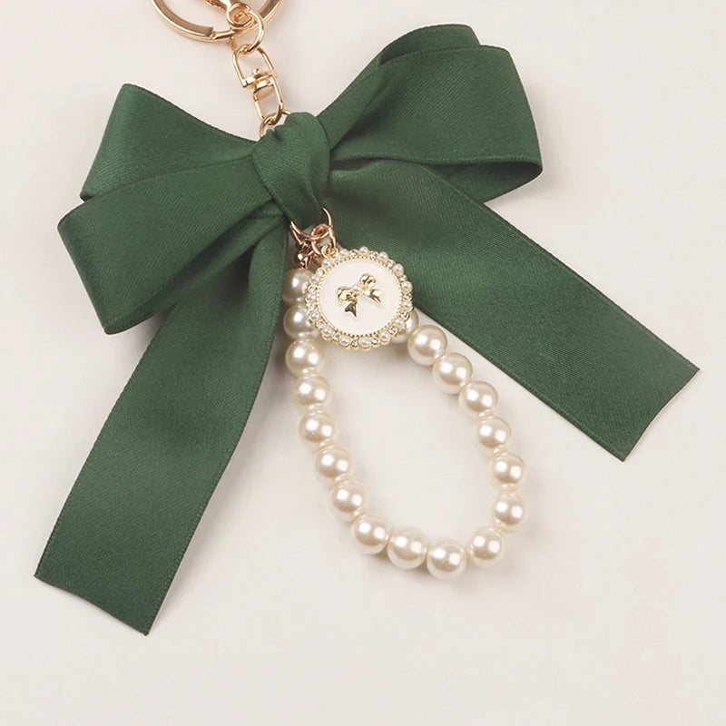 Imitation Pearl Keychain Sweet Fashion Ribbon Bowknot Keyring Accessories Metal Buckle Women Bag Charms Best Gifts Jewelry