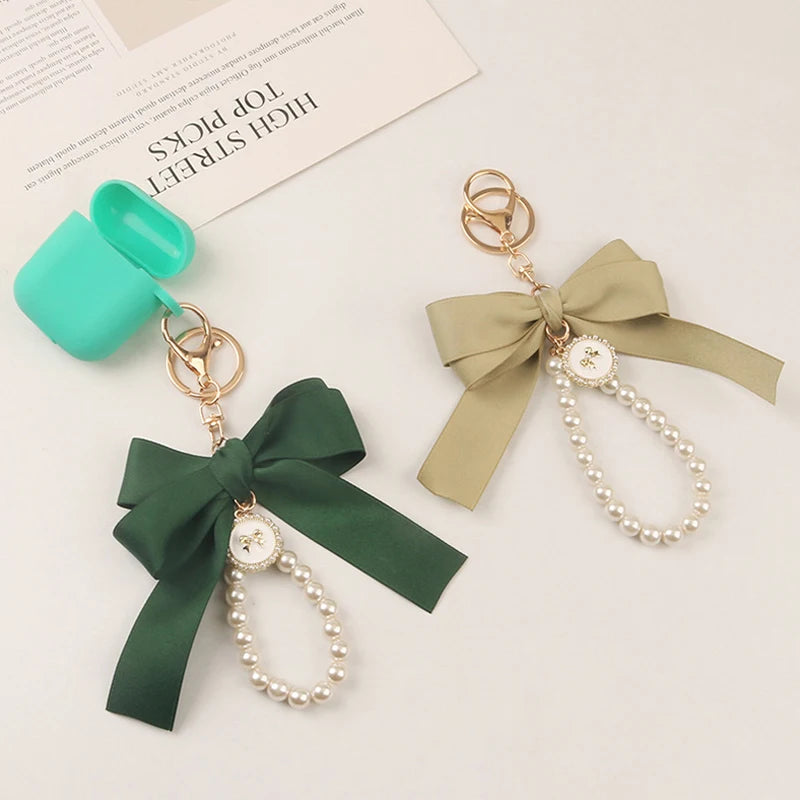 Imitation Pearl Keychain Sweet Fashion Ribbon Bowknot Keyring Accessories Metal Buckle Women Bag Charms Best Gifts Jewelry