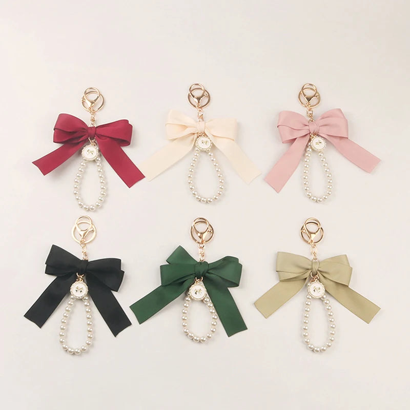 Imitation Pearl Keychain Sweet Fashion Ribbon Bowknot Keyring Accessories Metal Buckle Women Bag Charms Best Gifts Jewelry