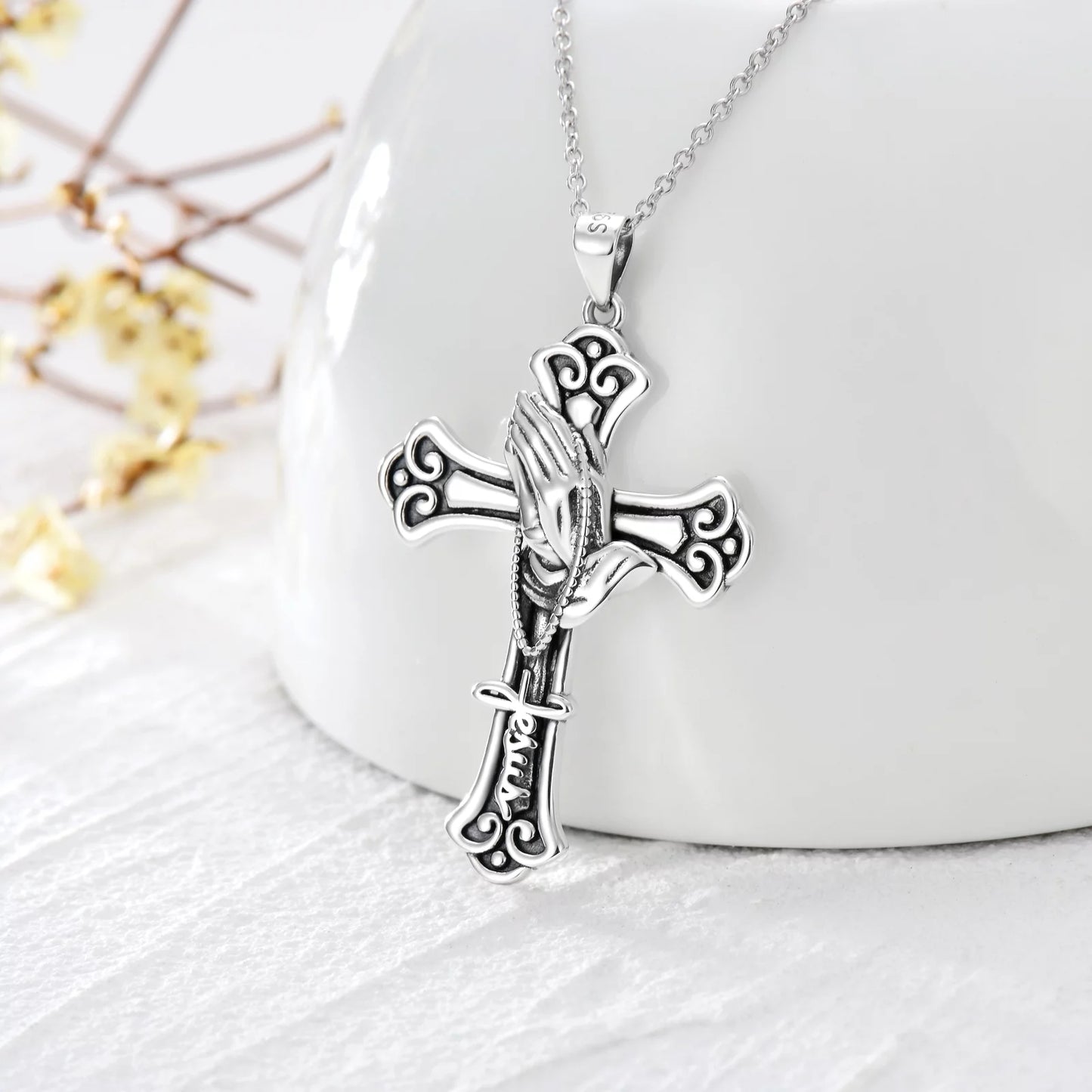 Sterling Silver Cross Necklace with Praying Hands for Christian Gifts Christmas Gifts Mothers Day